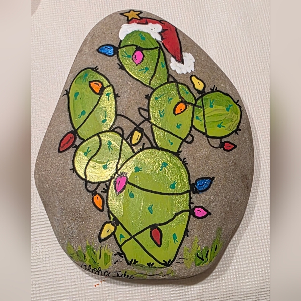 Festive Cactus Painted Stone Decor